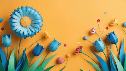 Artistic composition of colorful paper flowers on a vibrant yellow background