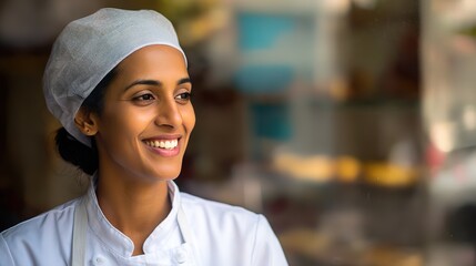 Smiling chef in uniform exudes warmth and professionalism, embodying culinary passion and expertise.
