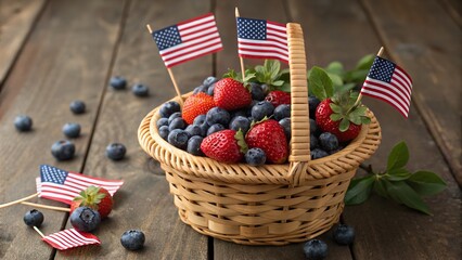 A wicker basket filled with ripe blueberries and strawberries decorated with small american flags.