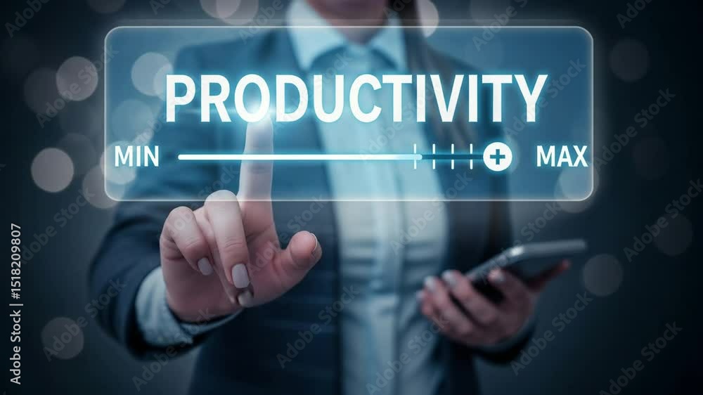 Poster Person in suit adjusting productivity slider from minimum to maximum on a digital interface