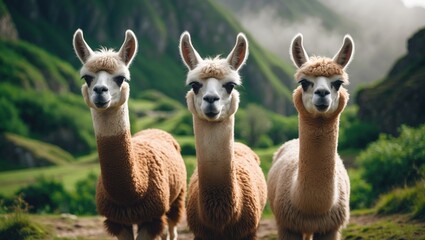 Obraz premium Three llamas gaze at the camera in a lush spring pasture