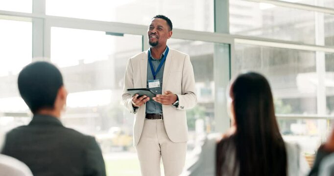 Businessman, audience or speaker with tablet at seminar for finance insights, convention or event. Financial workshop, coaching or person with speech for professional development or upskill training