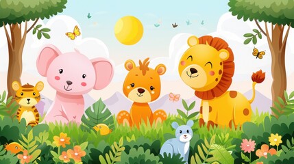 Cute Cartoon Animals in a Vibrant Nature Setting with Flowers