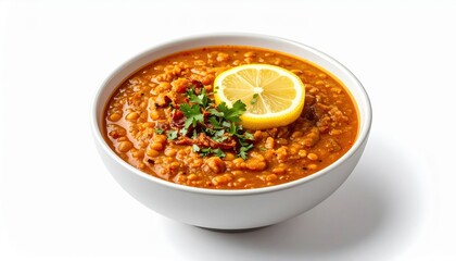 Spicy Lentils Soup In White Bowl With Lemon