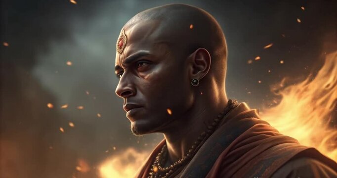 Silent Monk Surrounded by Fiery Flames, Intense and Contemplative
