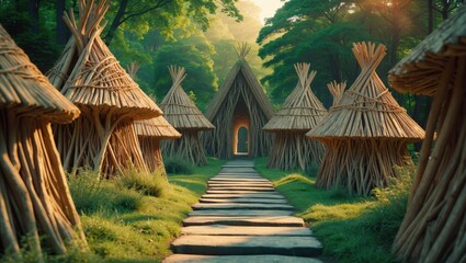 Nature-inspired wooden architecture with forest background and traditional Asian design