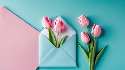 Turquoise envelope with three pink tulips on a turquoise background, featuring a white card mockup, flat lay, top view.