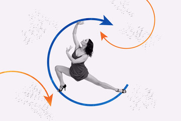 Template sketch image composite artwork collage of arrow cycle illustration young woman sexy dress dance moving choreography model elegant