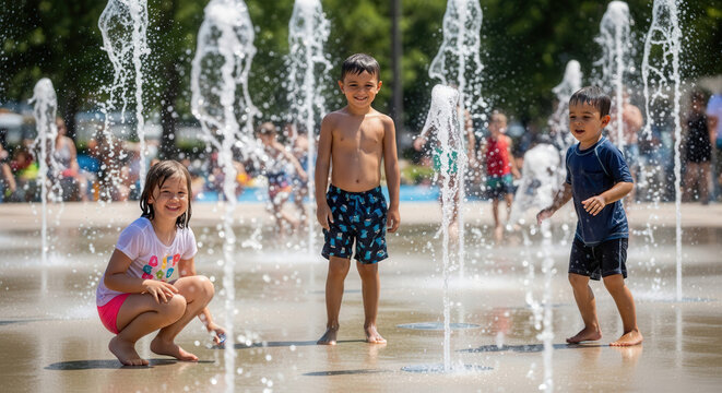 Happy kids cooling off in a public splash pad fountain, laughing and enjoying water jets during a sunny summer afternoon.
