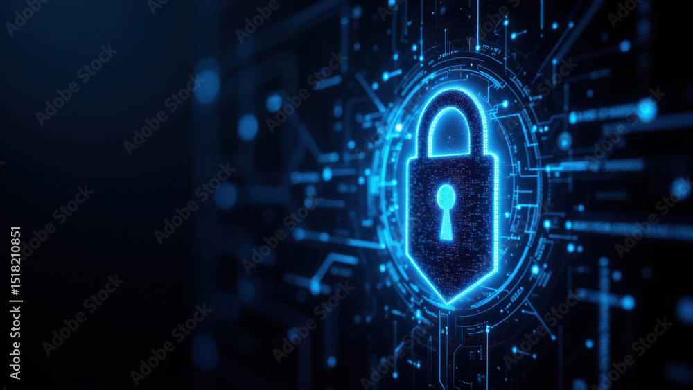 Poster a digital graphic featuring a lock symbol with intricate blue circuitry design, signifying cybersecu