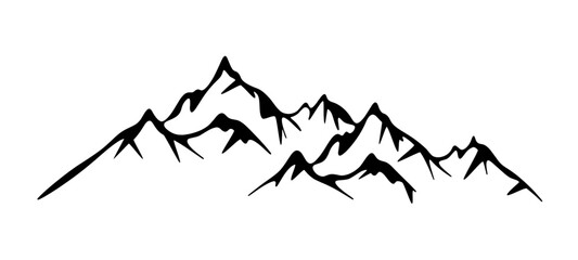 Black silhouette of mountains peaks landscape banner panorama illustration adventure travel icon vector for logo, isolated on white background	
