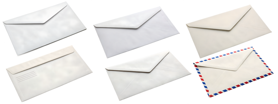 Collection of different clean white sheets of paper on a transparent background. Concept of mail and sending a letter.