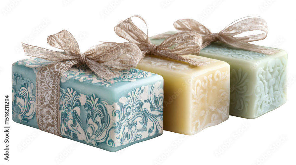 Poster three colorful bars of soap featuring intricate embossed patterns and rustic ribbons, exuding luxury
