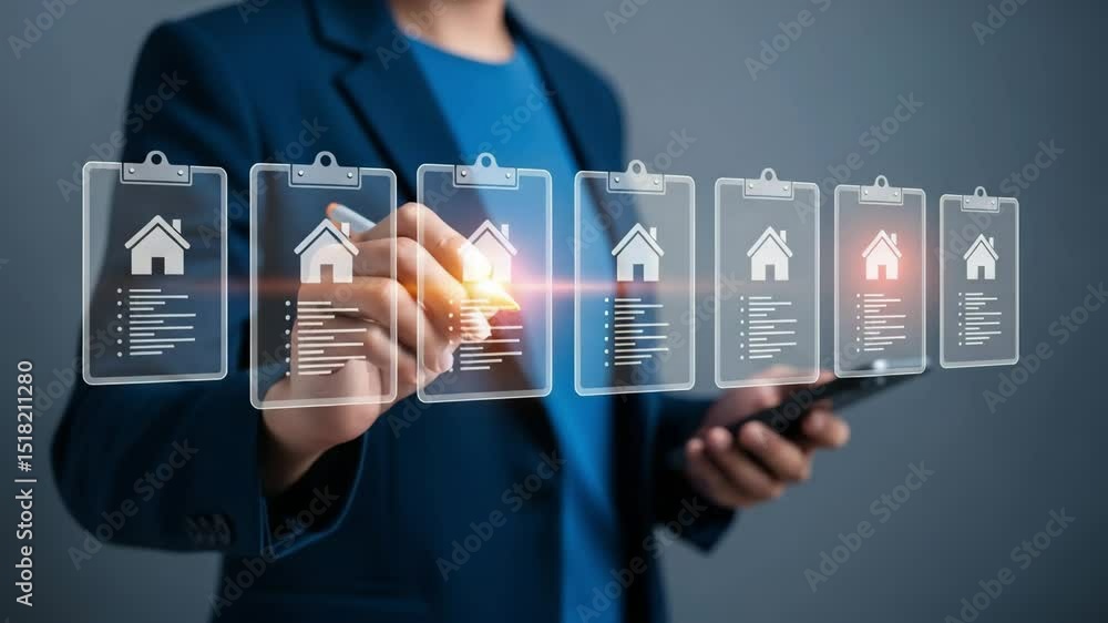 Poster person selecting house from transparent clipboards with house icons and checklist on a gray backgrou