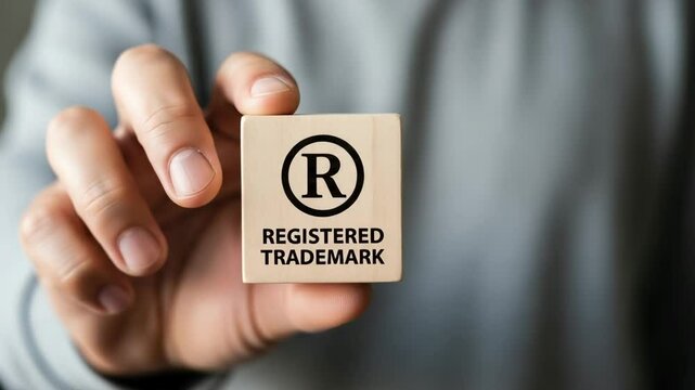 Hand holding a wooden block with registered trademark symbol and text on a blurred background