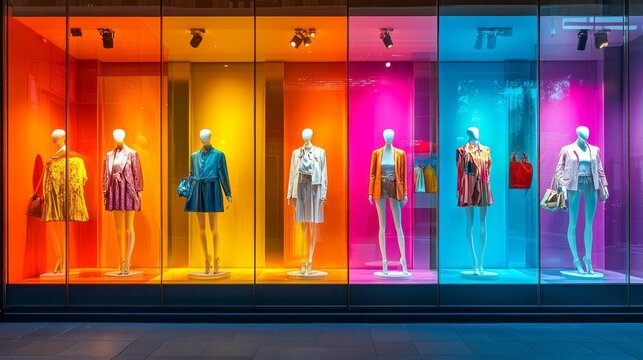 Fashion mannequins dressed in a variety of colorful outfits stand in a storefront illuminated by bright backlighting. The creative display highlights modern styles against bold hues - Powered by Adobe