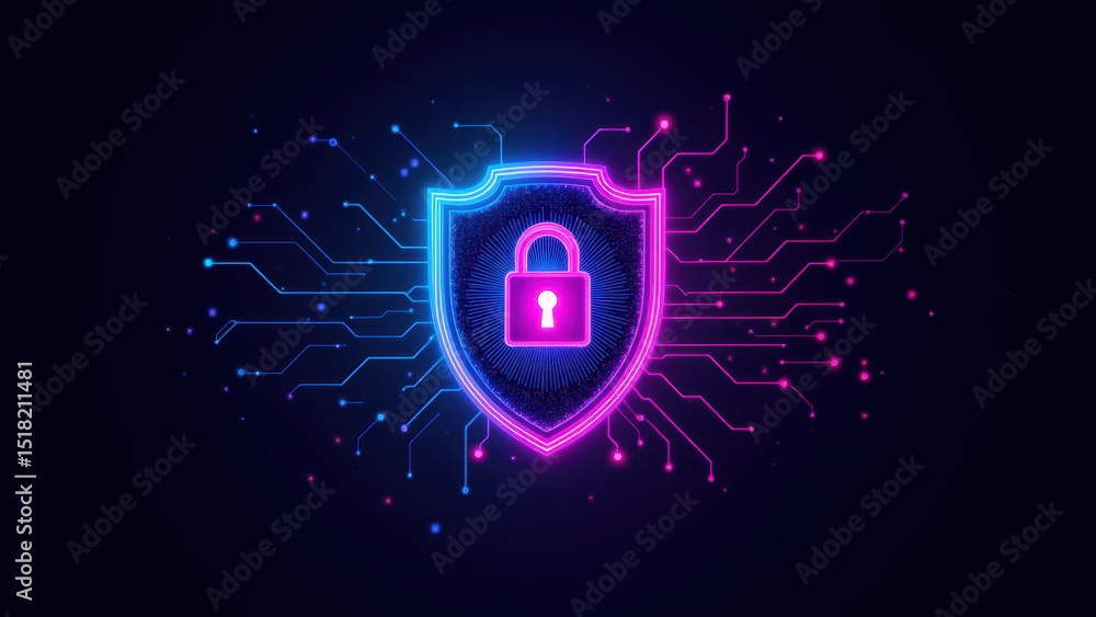 Poster cybersecurity digital graphic with a lock icon surrounded by colorful network lines.