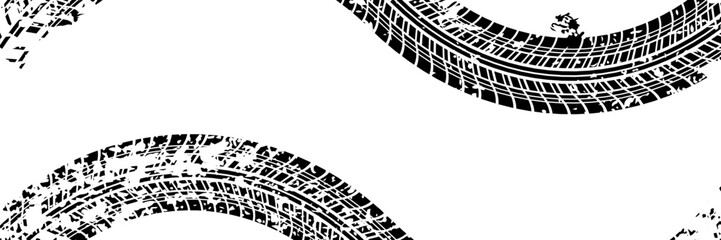 Tire tread marks, wheel textures, tire marks - car racing, motocross, drift, rally, off-road and others. Vector black isolated texture in grunge style with splashes.eps10