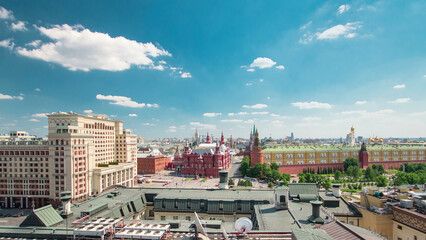 Obraz premium Panorama of Manezh Square, Hotel Moscow, historical Museum and Kremlin timelapse in Moscow, Russia.