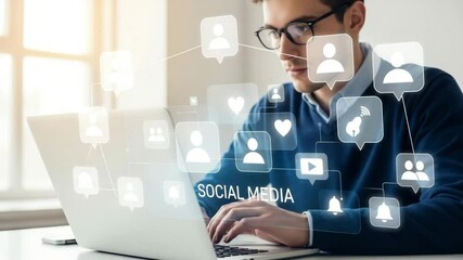 Man with glasses typing on laptop surrounded by social media icons in a bright office space scene - Powered by Adobe