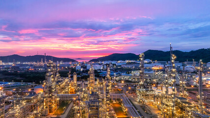 Oil and gas industrial refinery at night, Oil and gas refinery petrochemical plant pipeline steel,...