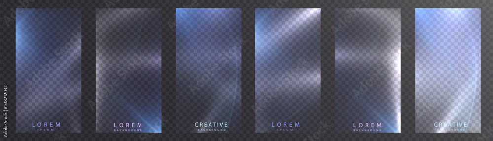Poster translucent glass backgrounds with cold glow and glare, designed as vertical banners. ideal for mobi