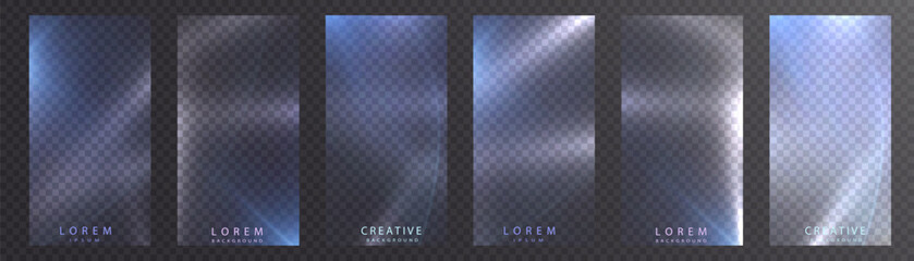 Translucent glass backgrounds with cold glow and glare, designed as vertical banners. Ideal for mobile interface, app showcase, futuristic UX.