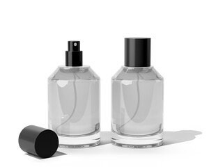 Blank Empty Clear White Perfume Glass Bottle, Spray Bottle Isolated On Transparent Background, Prepared For Mockup, 3D Render.