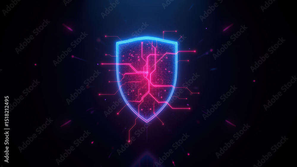 Poster cybersecurity emblem with a futuristic shield design on a dark background.
