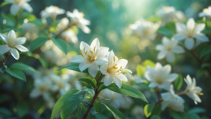 Elegant white jasmine blooms in spring with a lush background of flowering bushes for a natural floral garden design.