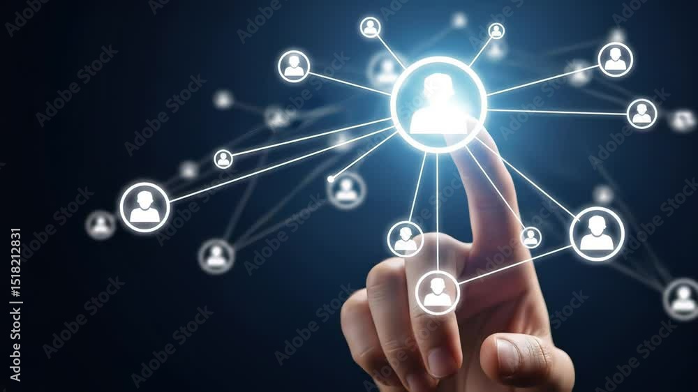 Poster a finger touches a glowing circle that symbolizes a connection point, surrounded by various user ico