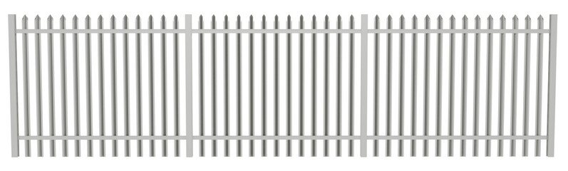 Picket-Style Metal Security Fence: A 3D render of a white or silver metal fence composed of vertical bars topped with sharp, pointed tips, indicative of security or decorative fencing.