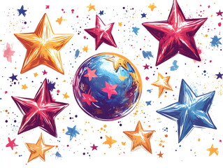 Colorful celestial celebration with stars surrounding a vibrant Earth in a whimsical cosmic design