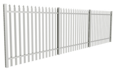 Modern Spiked Barricade: This image shows a contemporary metal fence design featuring numerous parallel vertical bars, each culminating in a sharp point at the top