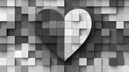 Gray and white heart design on a pixelated surface.