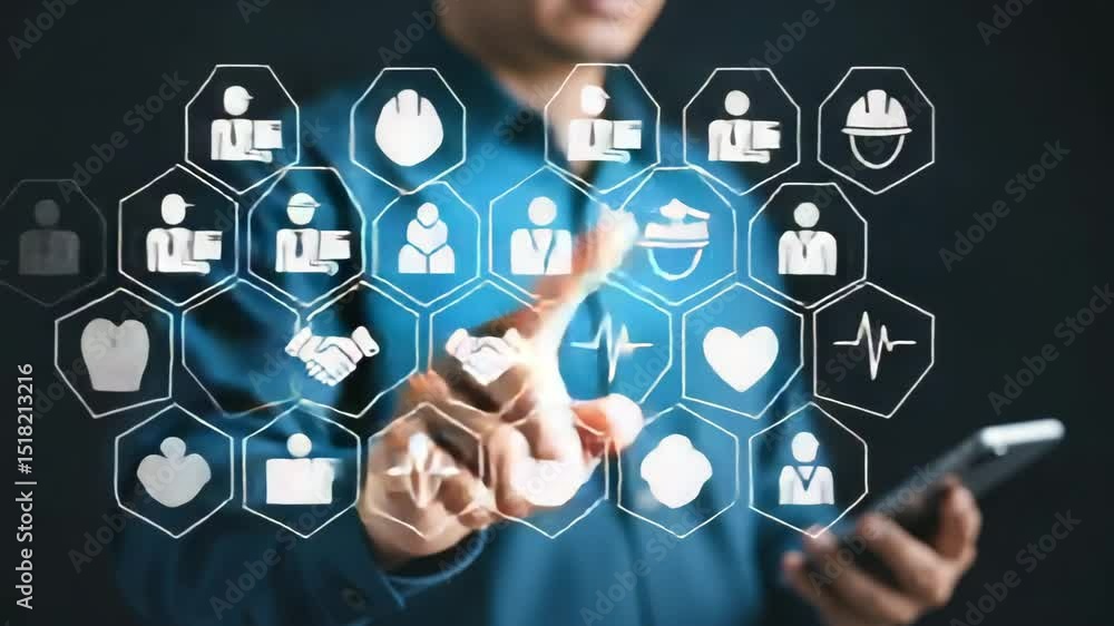 Poster man touching virtual icons representing safety health and business management on a dark background