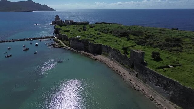 Drone footage capturing the fortified tower of Methoni Castle,Greece 2025