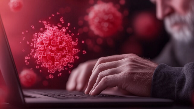 Elderly man typing on laptop with virus imagery in the background   - Powered by Adobe