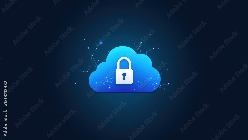 Poster cybersecurity symbol featuring a cloud with a lock, indicating secure online storage or data encrypt