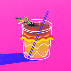 Conceptual art collage. Layered cocktail with rosemary sprig, blue straw, and yellow-red doodle lines against pink background. Flat folk. Concept of freshness, party, and stylish drinks