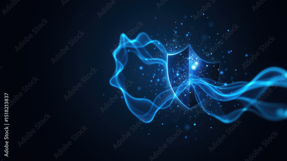 Poster cybersecurity logo with a shield-shaped emblem and a dynamic digital effect.