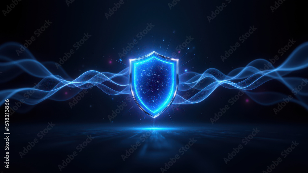 Poster a graphic design representing internet security with a shield symbol.