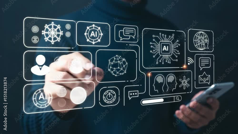 Poster Man interacting with ai interface on screen using stylus and holding a smartphone in his hand