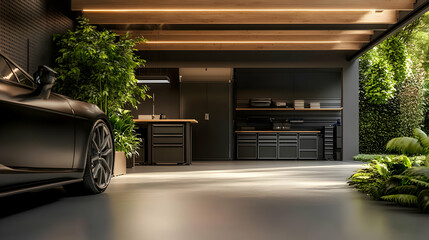 Modern Garage Interior With Car And Plants