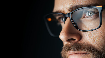 Closeup of a man with glasses looking thoughtfully in low light  