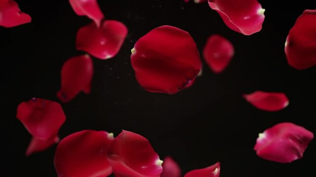 Red rose petals falling dark background
