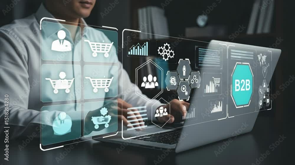 Poster Man using laptop with b to b interface and icons overlayed in a modern business setting indoor scene