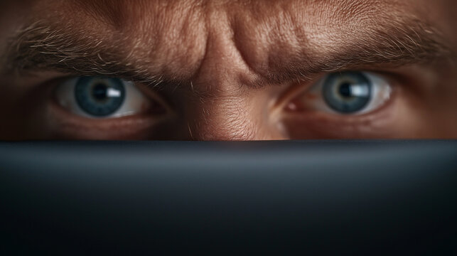 Focused man staring intently at computer screen with furrowed brow  