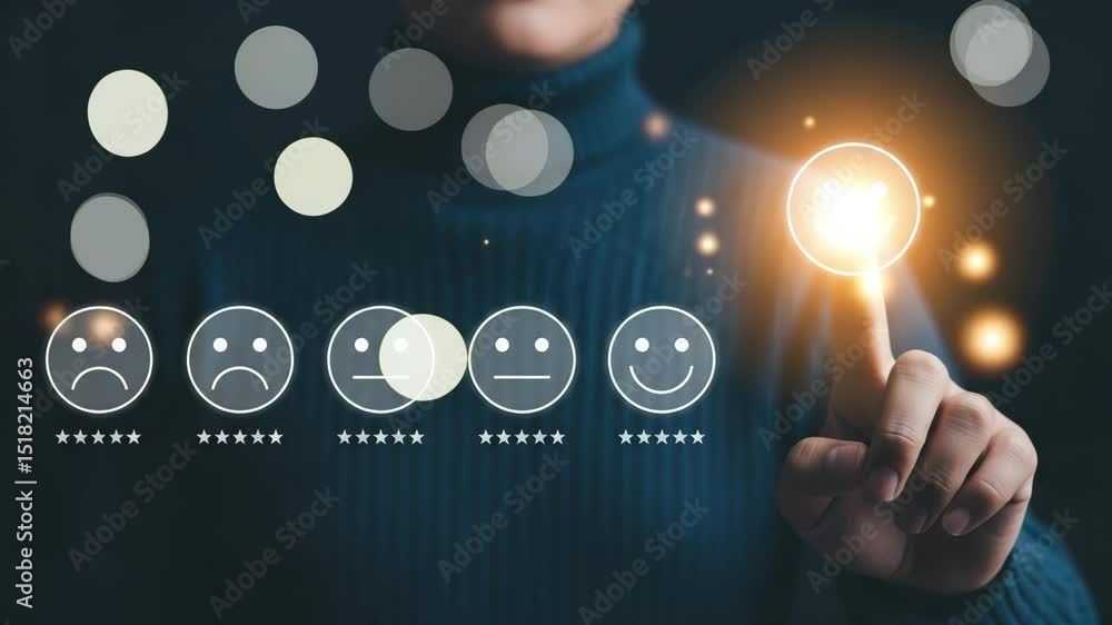Aufkleber Person touching happy face icon on rating scale with bokeh lights in the background image display