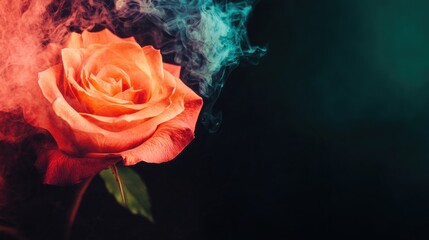 Vibrant rose surrounded by colorful smoke creating an artistic atmosphere